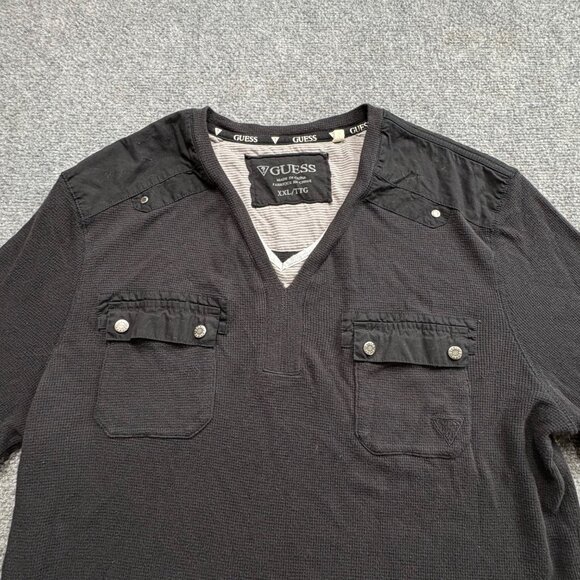 Guess Shirt‎ Mens XXL Black Long Sleeve V-Neck Waffle Knit Henley Runs Small - Picture 2 of 11